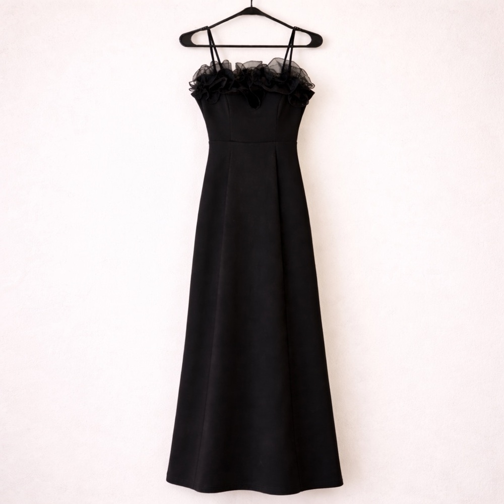 Black Maxi Dress with Floral Appliqué Neckline